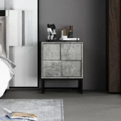 Modern Nightstand With Geometric Elements, Bedside Table With 2 Drawers, Cement Gray-ModernLuxe