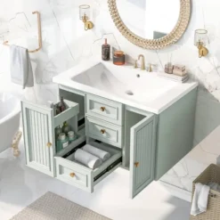 30" Wall-Mounted Bathroom Vanity With Ceramic Sink And Functional Drawers, Mint Green - ModernLuxe