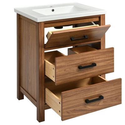 24" Bathroom Vanity With Ceramic Basin Sink And 3 Drawers, Natural - ModernLuxe 9 24" Bathroom Vanity With Ceramic Basin Sink And 3 Drawers, Natural - ModernLuxe - Image 7