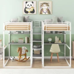 Double Twin Over Twin Size Metal Bunk Bed With Desk, Shelves And Storage Staircase-ModernLuxe