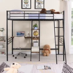 Twin Size Metal Loft Bed With Built-in Desk And Shelves - ModernLuxe