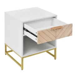 Nightstand With USB Charging Ports, End Table With 1 Drawer And Metal Legs, White+Natural Finish-ModernLuxe -ModernLuxe GUEST f74963f0 8a47 4f3d a41b 1c557a5ac56c
