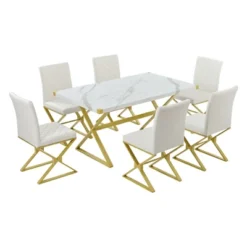 7 PCS Modern Dining Table Set, Marble Texture Kitchen Table And 6 PU Leather Chairs With X-Shaped Gold Steel Pipe Legs, White+Gold-ModernLuxe -ModernLuxe GUEST fc72c8cb 4013 4b20 8e46 4260ec539bcf