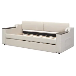 Twin Size Upholstery Daybed With Storage Arms, Trundle And USB Design, Beige - ModernLuxe -ModernLuxe GUEST fe58adbe 0032 4f69 80c3 256c1285db28
