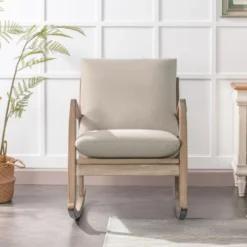 Solid Wood Rocking Chair Upholstered In Linen Fabric, Beige - ModernLuxe
